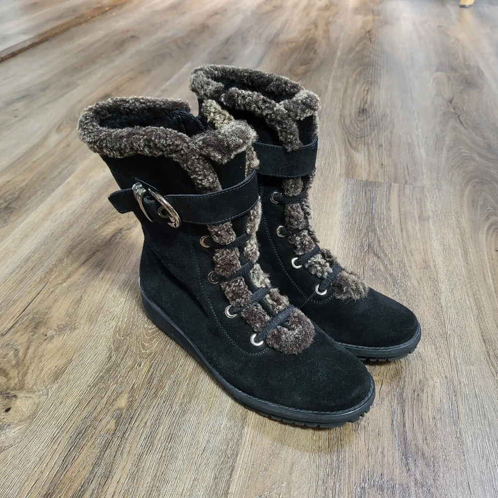 Stuart Weitzman Womens Suede Leather Boots Fur Buckle Black Size 7.5